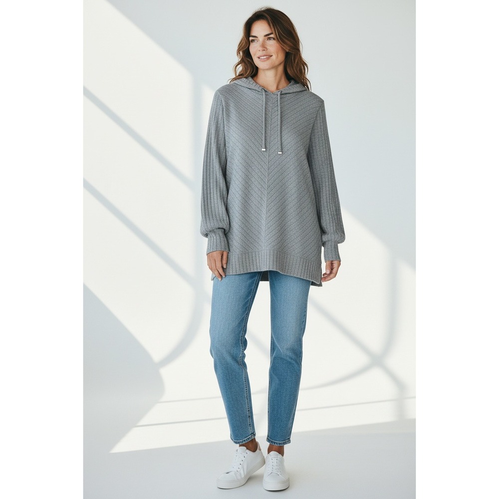 Nine West Hoodie Women's L Gray Chevron Ribbed Knit Pullover Sweater Drawstring